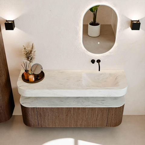 MONDIAZ THOR-DLUX 150cm badmeubel ronding links + rechts kleur Walnut met 1 lade en 2 deuren. Vrijhangende wastafel CLOUD Rechts zonder kraangat kleur Opalo. SW1464678