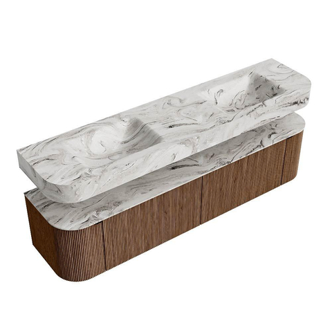 MONDIAZ THOR-DLUX 190cm badmeubel ronding links + rechts kleur Walnut met 2 lades en 2 deuren. Vrijhangende wastafel CLOUD Dubbel zonder kraangat kleur Glace. SW1466410