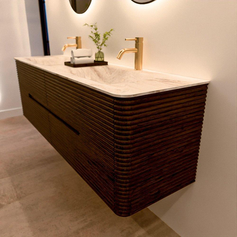 Mondiaz CIRO-DLUX Badkamermeubelset - 160x45x50cm - Solid surface wastafel Frappe - 2 wasbak Dubbel - 2 kraangaten - 4 lades - Walnut SW1530214