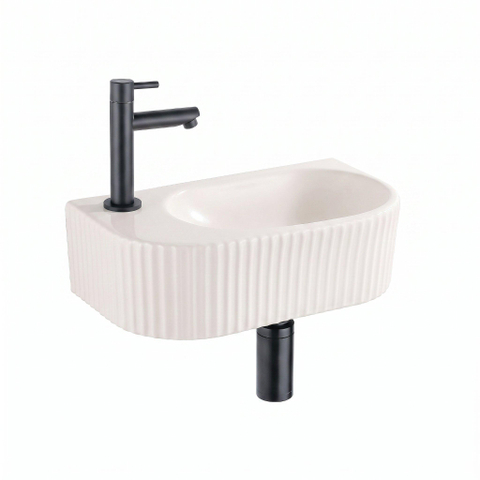 QeramiQ Fuente Fontein - 40x22x12cm - ribbel - halfrond - fonteinkraangat links - keramiek - fonteinkraan mat zwart - verlaagd sifon - afvoerplug - linnen SW1582121