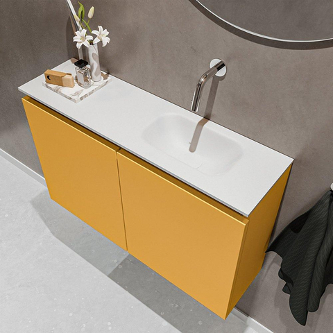 MONDIAZ TURE Toiletmeubel 80x23x50cm met 0 kraangaten 2 deuren ocher mat Wastafel Eden rechts Solid Surface Wit SW475058