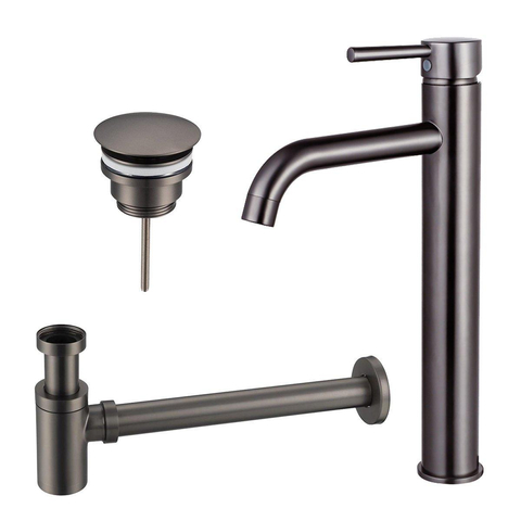 Fortifura Calvi Wastafelkraanset - verhoogde wastafelkraan - always open plug - verlaagde design - sifon - PVD - geborsteld gunmetal (antraciet) SW891951