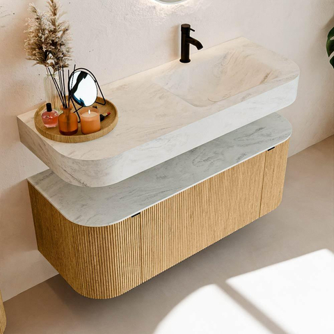 MONDIAZ THOR-DLUX 120cm badmeubel ronding links + rechts kleur Oak met 1 lade en 2 deuren. Vrijhangende wastafel CLOUD Rechts 1 kraangat kleur Opalo. SW1463113