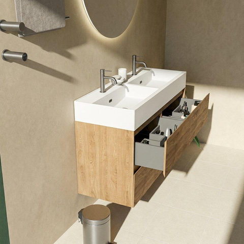 Saniclass Holz Pure Badkamermeubelset - 120x45x72cm - Legend keramische wastafel mat wit - 2 wasbakken - 2 kraangaten - 4 lades - mat eiken natural (hout) SW1580164