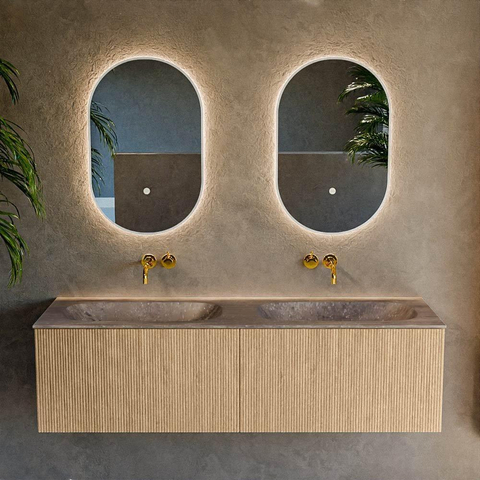 MONDIAZ KURVE-DLUX 150cm badmeubel kleur Oak met 2 lades en 0 deuren. Wastafel STOR SMALL Dubbel zonder kraangat Oza. SW1432692