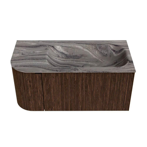 MONDIAZ KURVE-DLUX Meuble de salle de bains 95cm arrondi à gauche couleur Walnut avec 1 tiroir et 1 porte. Lavabo BIG SMALL à droite 1 trou de robinet Sombra. SW1433646