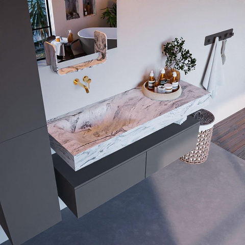 Mondiaz ALAN-DLUX Ensemble de meuble - 130cm - meuble Plata mat - 2 tiroirs - Lavabo Cloud Glace suspendu - vasque Gauche - 0 trous de robinet SW806341