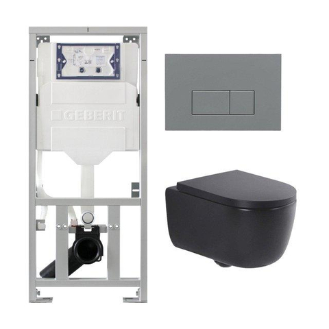 QeramiQ Dely Swirl Pack WC suspendu - 36.3x51.7cm - bâti-support Geberit UP320 - abattant slim - plaque de commande gris clair - boutons rectangulaires - noir mat SW1164365