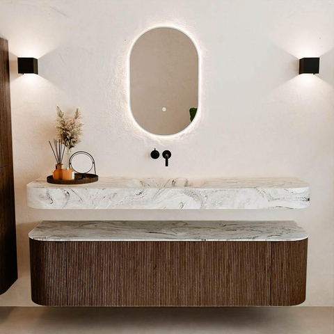 MONDIAZ THOR-DLUX 170cm badmeubel ronding links + rechts kleur Walnut met 1 lade en 2 deuren. Vrijhangende wastafel CLOUD Midden zonder kraangat kleur Glace. SW1465565