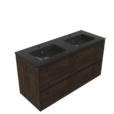 Saniclass Holz Pure Badkamermeubelset - 120x45x62cm - Vygo keramische wastafel zwart - 2 wasbakken - 2 kraangaten - 4 lades - mat eiken charcoal (hout) SW1478994