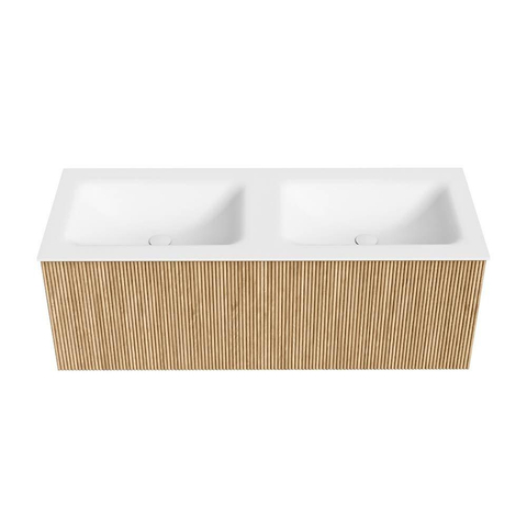 MONDIAZ KURVE 120cm badmeubel kleur Oak met 1 lade. Wastafel CLOUD dubbel 2 kraangaten Talc. SW1138210