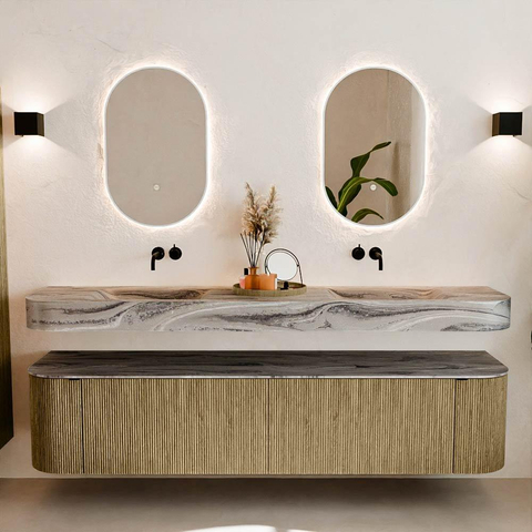 MONDIAZ THOR-DLUX 200cm meuble de salle de bains arrondi gauche + droite couleur Dusk avec 2 tiroirs et 2 portes. Vasque suspendue CLOUD Double sans trou de robinet couleur Sombra. SW1467279