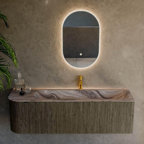 MONDIAZ KURVE-DLUX 145cm badmeubel ronding Links kleur Shadow met 1 lade en 1 deur. Wastafel BIG LARGE Rechts 1 kraangat Sombra. SW1433784