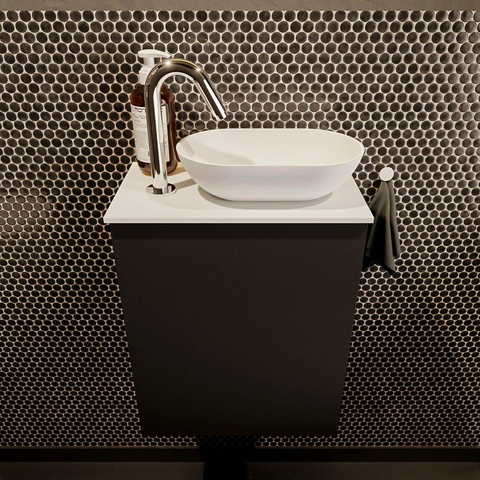 Mondiaz Fowy Meuble de toilette - 40x50x23cm - urban mat - 1 trou de robinet - lavabo à droite - 1 porte - solid surface - plan MDF - lavabo : blanc SW760836