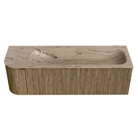 MONDIAZ KURVE-DLUX 145cm meuble de salle de bains arrondi gauche couleur Dusk avec 1 tiroir et 1 porte. Plan-vasque BIG LARGE droite sans trou de robinet Arena. SW1431404