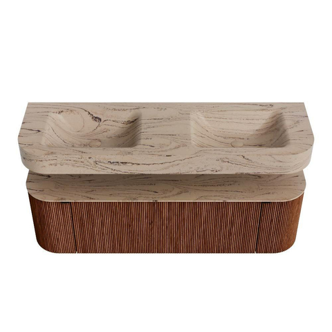 MONDIAZ THOR-DLUX 150cm meuble de salle de bains arrondi gauche + droite couleur Ruby avec 1 tiroir et 2 portes. Vasque suspendue CLOUD Double sans trou de robinet couleur Arena. SW1464754