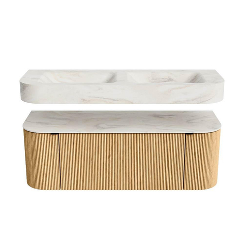 MONDIAZ THOR-DLUX Meuble de salle de bains 130cm arrondi gauche + droite couleur Oak avec 1 tiroir et 2 portes. Vasque suspendue CLOUD Double 2 trous de robinet couleur Ostra. SW1463563