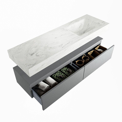MONDIAZ ALAN - DLUX Badkamermeubelset - 150cm - onderkast - Plata - 2 lades - vrijhangende wastafel - wasbak rechts - 0 kraangaten - Opalo SW806883