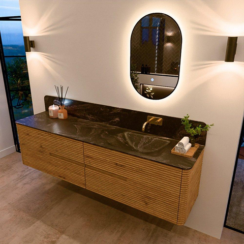 Mondiaz CIRO-DLUX Badkamermeubelset - 190x45x50cm - Solid surface wastafel Lava - 1 wasbak Rechts - zonder kraangaten - 4 lades - Oak SW1530999