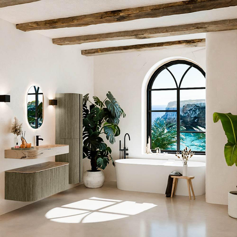 MONDIAZ THOR-DLUX 110cm badmeubel ronding links + rechts kleur Shadow met 1 lade en 2 deuren. Vrijhangende wastafel CLOUD Rechts 1 kraangat kleur Arena. SW1462884