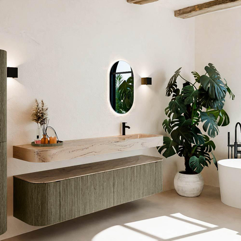 MONDIAZ THOR-DLUX Meuble de salle de bains 190cm arrondi gauche + droite couleur Shadow avec 2 tiroirs et 2 portes. Vasque suspendue CLOUD Droite 1 trou de robinet couleur Arena. SW1466608