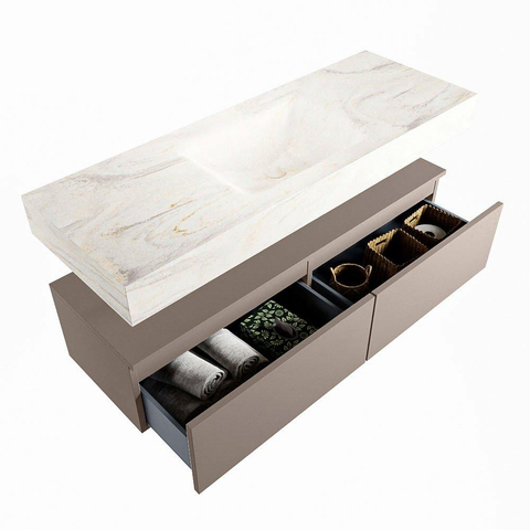 Mondiaz ALAN-DLUX Ensemble de meuble - 130cm - meuble Smoke mat - 2 tiroirs - Lavabo Cloud Ostra suspendu - vasque Centre - 1 trou de robinet SW807148