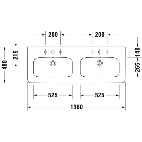 Duravit Durastyle Dubbele wastafel - 130x48cm - met 2 kraangaten - met overloop - wit SW88235