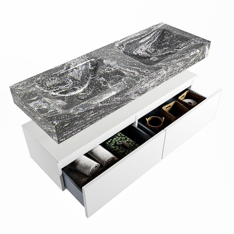 Mondiaz ALAN-DLUX Ensemble de meuble - 130cm - meuble Talc mat - 2 tiroirs - Lavabo Cloud Lava suspendu - vasque gauche et droite - 2 trous de robinet SW807954