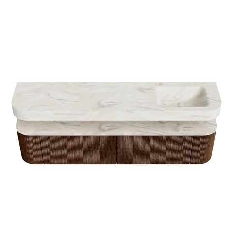 MONDIAZ THOR-DLUX 200cm meuble de salle de bains arrondi gauche + droite couleur Walnut avec 2 tiroirs et 2 portes. Vasque suspendue CLOUD Droite 1 trou de robinet couleur Ostra. SW1466829