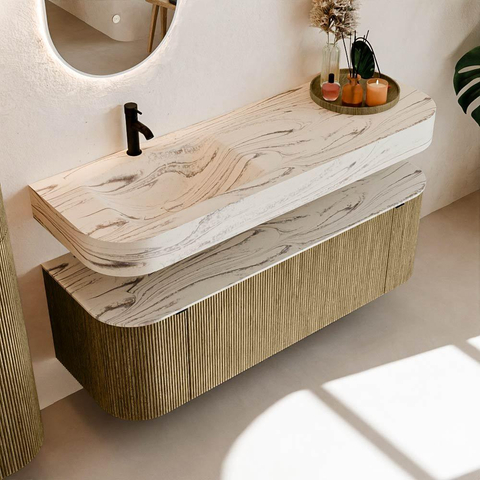 MONDIAZ THOR-DLUX 140cm meuble de salle de bains arrondi gauche + droite couleur Dusk avec 1 tiroir et 2 portes. Vasque suspendue CLOUD Gauche 1 trou de robinet couleur Nata. SW1464476