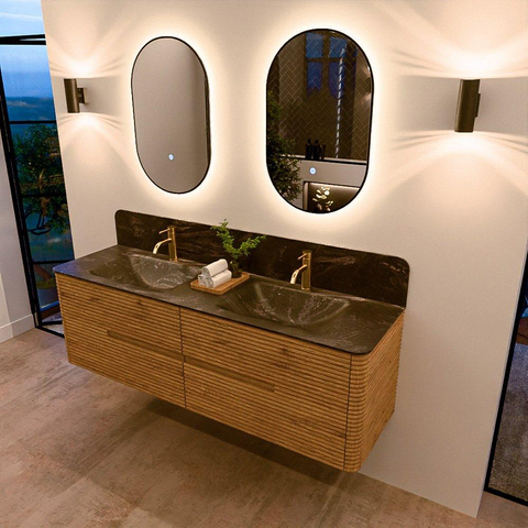 Mondiaz CIRO-DLUX Badkamermeubelset - 160x45x50cm - Solid surface wastafel Lava - 2 wasbak Dubbel - 2 kraangaten - 4 lades - Oak SW1531005