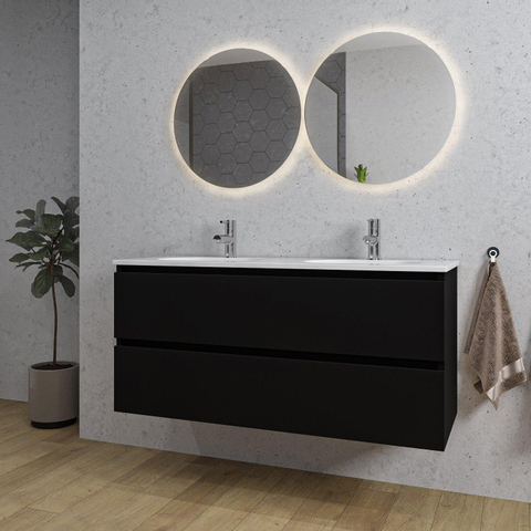 Saniclass Chaci Meuble de salle de bain - 120x45x55cm - lavabo en céramique brillant blanc - 2 vasques - 2 trous de robinet - 2 tiroirs - noir mat SW721288