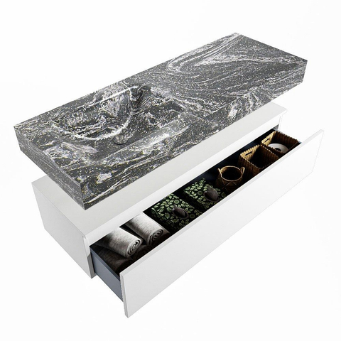 Mondiaz ALAN-DLUX Ensemble de meuble - 130cm - meuble Talc mat - 1 tiroir - Lavabo Cloud Lava suspendu - vasque gauche - 1 trou de robinet SW807920