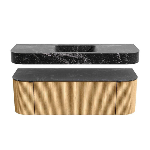 MONDIAZ THOR-DLUX 140cm meuble de salle de bains arrondi gauche + droite couleur Oak avec 1 tiroir et 2 portes. Vasque suspendue CLOUD Milieu 1 trou de robinet couleur Lava. SW1463941