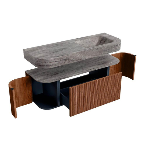 MONDIAZ THOR-DLUX 130cm meuble de salle de bains arrondi gauche + droite couleur Ruby avec 1 tiroir et 2 portes. Vasque suspendue CLOUD droite sans trou de robinet couleur Oza. SW1464009
