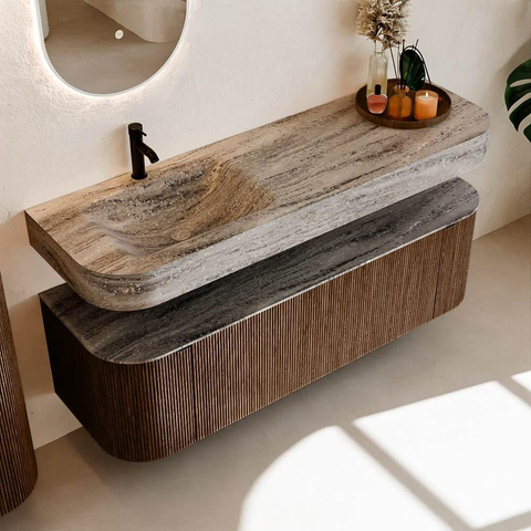 MONDIAZ THOR-DLUX 150cm meuble de salle de bains arrondi gauche + droite couleur Walnut avec 1 tiroir et 2 portes. Vasque suspendue CLOUD Gauche 1 trou de robinet couleur Oza. SW1467676