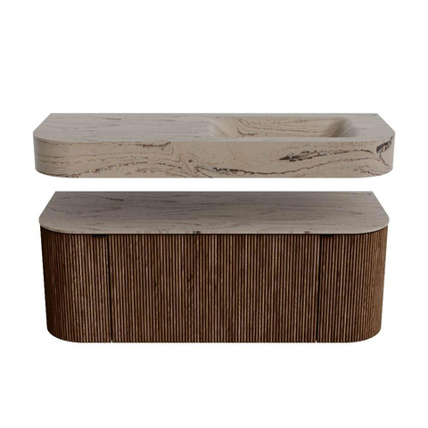 MONDIAZ THOR-DLUX 120cm badmeubel ronding links + rechts kleur Walnut met 1 lade en 2 deuren. Vrijhangende wastafel CLOUD Rechts zonder kraangat kleur Arena. SW1463384