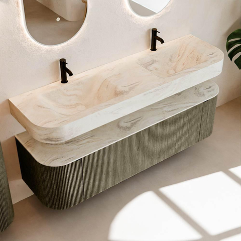 MONDIAZ THOR-DLUX 160cm meuble de salle de bains arrondi gauche + droite couleur Shadow avec 1 tiroir et 2 portes. Vasque suspendue CLOUD Double 2 trous de robinet couleur Ostra. SW1465118