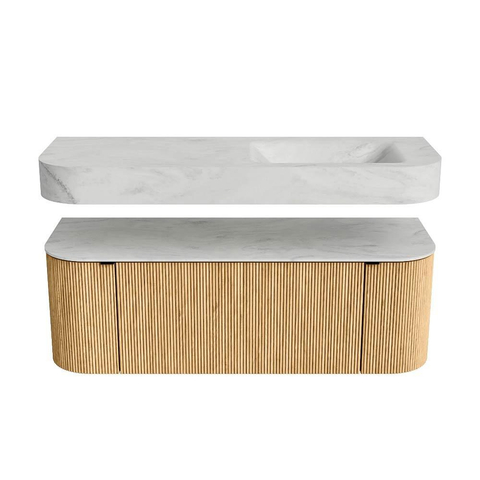 MONDIAZ THOR-DLUX 130cm meuble de salle de bains arrondi gauche + droite couleur Oak avec 1 tiroir et 2 portes. Vasque suspendue CLOUD Droite 1 trou de robinet couleur Opalo. SW1463576