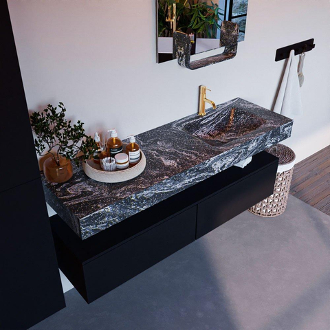 Mondiaz ALAN-DLUX Ensemble de meuble - 150cm - meuble - Urban mat - 2 tiroirs - Lavabo Cloud Lava suspendu - vasque droite - 1 trou de robinet - Noir SW807782