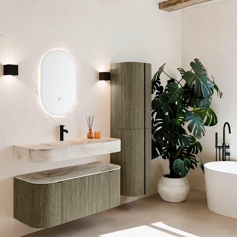 MONDIAZ THOR-DLUX 110cm badmeubel ronding links + rechts kleur Shadow met 1 lade en 2 deuren. Vrijhangende wastafel CLOUD Midden 1 kraangat kleur Frappe. SW1462880