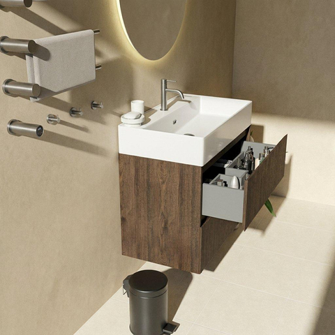 Saniclass Holz Atelier Ensemble de meubles de salle de bains - 80x45x60cm - lavabo en céramique blanc mat - 1 vasque - 1 trou de robinetterie - 2 tiroirs - chêne charcoal mat (bois) SW1579613