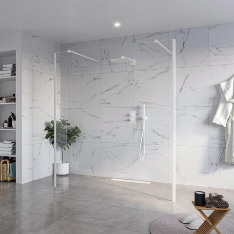 FugaFlow Eccelente Vetro Vrijstaande inloopdouche badkamer - 180x200cm - Helder - antikalk - 8mm veiligheidsglas - 2 zijwanden 40cm - met wandarmen en hoekprofielen - Wit mat - SW1125760