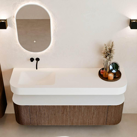 MONDIAZ THOR 160cm badmeubel ronding links + rechts kleur Walnut met 1 lade en 2 deuren. Vrijhangende wastafel CLOUD Links zonder kraangat kleur Talc. SW1464988