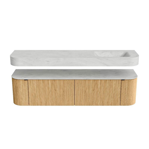 MONDIAZ THOR-DLUX 180cm badmeubel ronding links + rechts kleur Oak met 2 lades en 2 deuren. Vrijhangende wastafel CLOUD Rechts 1 kraangat kleur Opalo. SW1465923