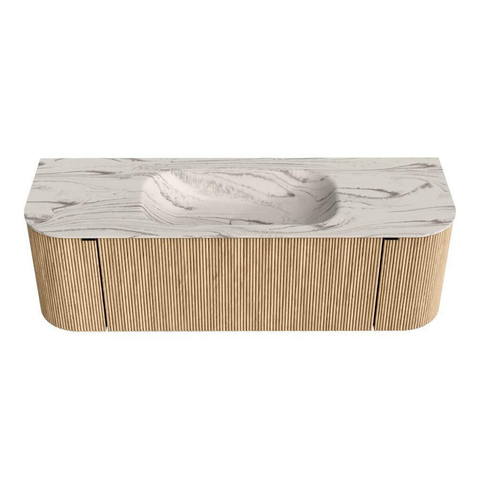MONDIAZ KURVE-DLUX Meuble de salle de bains 140cm arrondi Gauche + Droite couleur Chêne avec 1 tiroir et 2 portes. Lavabo BIG SMALL Central sans trou de robinet Nata. SW1432086