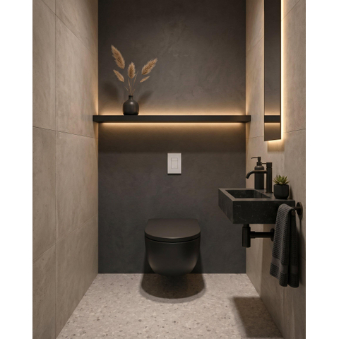 QeramiQ Dely Swirl Pack WC - 36,5x53cm - réservoir encastré Grohe Rapid - assise de 35mm - plaque de déclenchement blanche - boutons rectangulaires - noir mat SW1138623