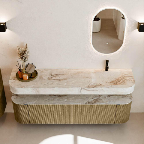 MONDIAZ THOR-DLUX Meuble de salle de bains - 180cm - arrondi gauche + droite - couleur Dusk - 2 tiroirs - 2 portes - Vasque suspendue CLOUD droite 1 trou de robinet - couleur Frappe SW1465972