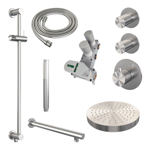 BRAUER Stripe Thermostatische Inbouw Regendouche - SET 07 - 25cm douchekop - rechte muurarm - staaf handdouche - doucheslang - geïntegreerde glijstang - RVS-kleurig geborsteld PVD SW1435070