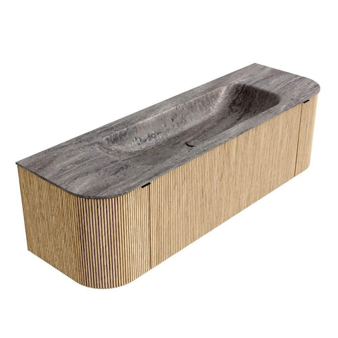 MONDIAZ KURVE-DLUX Meuble de salle de bains 150cm arrondi Gauche + Droite couleur Chêne avec 1 tiroir et 2 portes. Lavabo BIG MEDIUM Centre 1 trou de robinet Oza. SW1432643